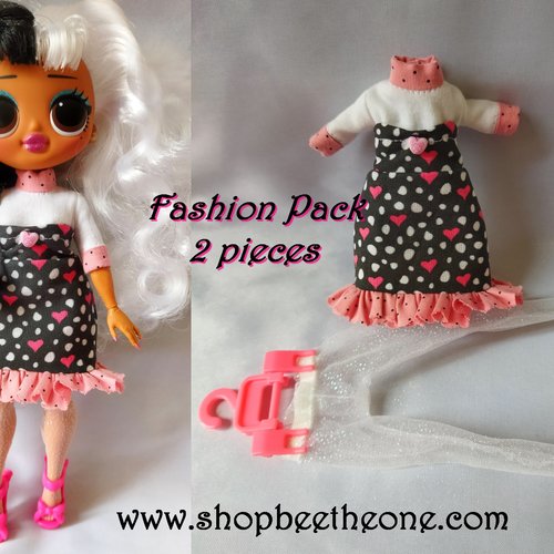 Vêtement fashion pack robe courte "coeurs et pois" + collants en maille pour poupées lol surprise! omg - collection saint valentin