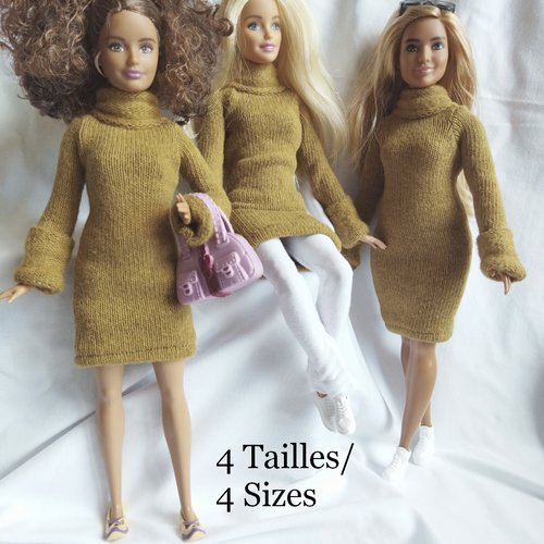Vêtement robe d'hiver en maille pour poupées barbie - marron argile - 4 tailles