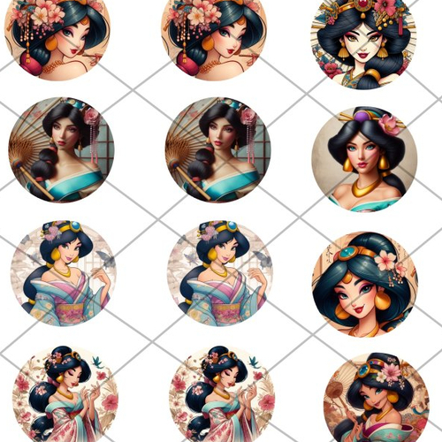 Images digitales pour cabochons princesse des mille et une nuits façon geisha - 128 images x 20 mm, 30 mm, 1 inch - a télécharger