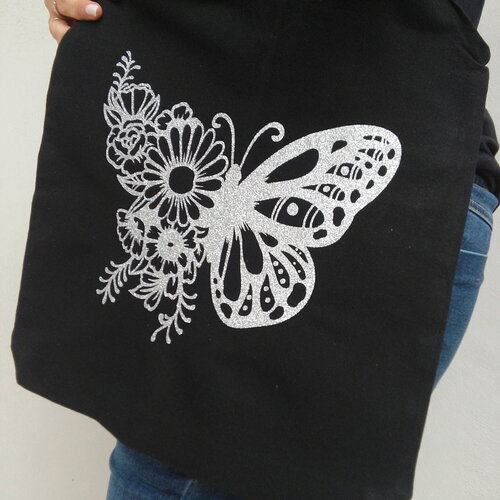 Tote bag noir papillon floral argenté pailleté