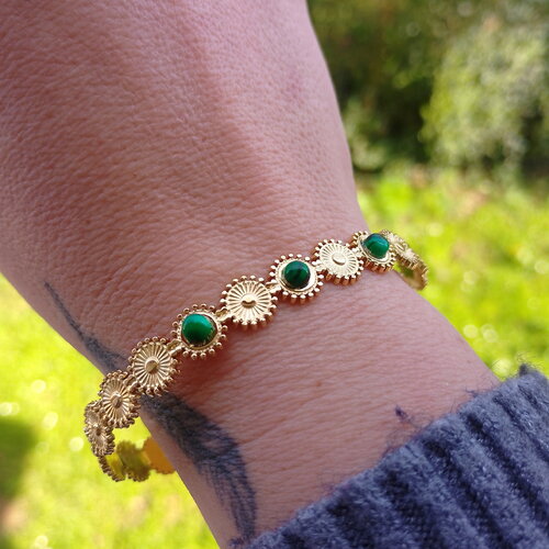 Bracelet jonc fleur doré et pierre gemme malachite • bijoux femmes • tendance • idée cadeau • bijou bracelet • bohème