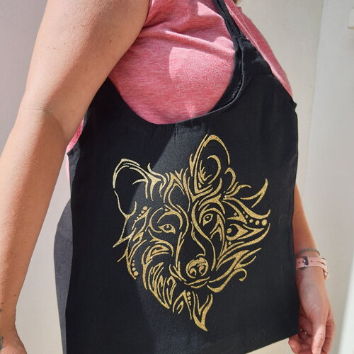 Tote bag noir et loup vecteur doré pailleté, sac fourre tout