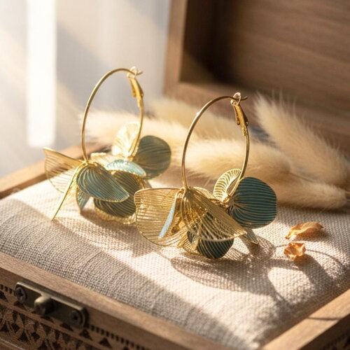 Boucles d’oreilles dorées femme – créoles fleurs ajourées vert et or en acier inoxydable