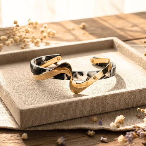 Bracelet manchette ondulé – acier inoxydable doré et noir