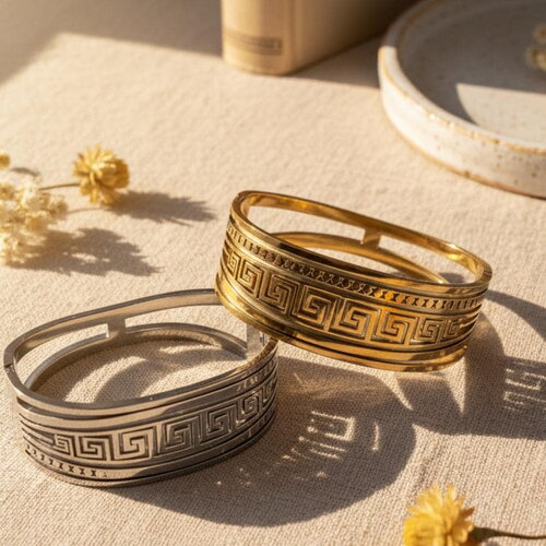 Bracelet jonc ethnique fermé et large en acier inoxydable doré ou argenté