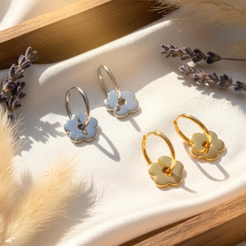 Boucles d'oreilles créoles fleurs en acier inoxydable argenté• bijoux pour femme • bijou • bohème • tendance • cadeau pour elle