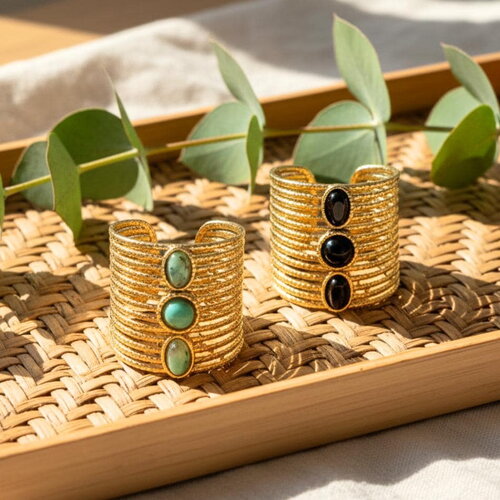 Bague ajustable en acier inoxydable doré avec pierre naturelle