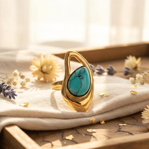 Bague  ajustable dorée femme en acier inoxydable – pierre turquoise bleue