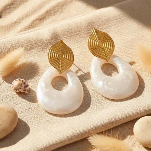 Boucles d’oreilles pendantes en résine nacrée et acier inoxydable doré