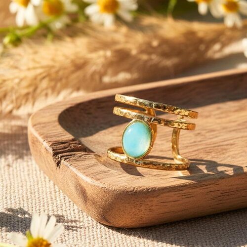 Bague en acier inoxydable doré avec pierre naturelle amazonite