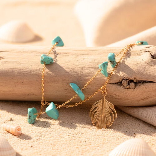 Bracelet de cheville doré femme avec pierres turquoise et pendentif feuille – bijou bohème été
