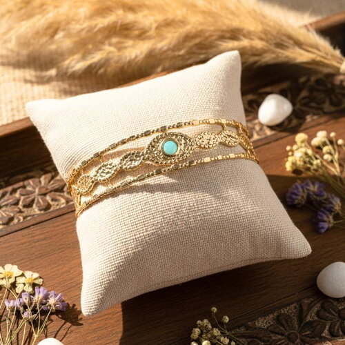 Bracelet jonc femme acier inoxydable doré avec cabochon vert – bijou bohème taille unique