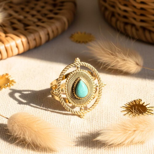 Bague dorée ajustable femme en acier inoxydable – pierre naturelle amazonite, style bohème chic, bijou tendance