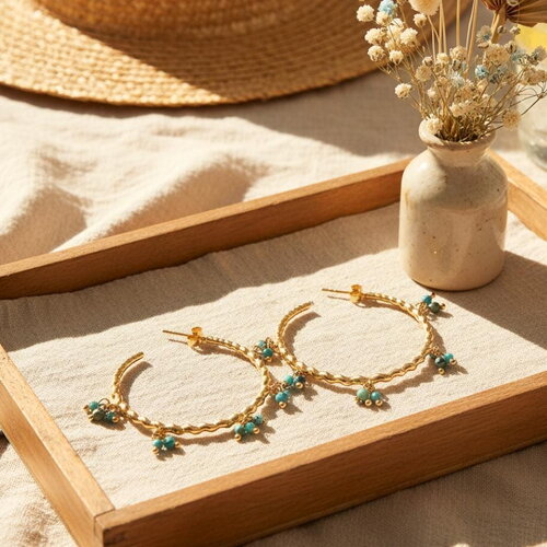 Boucles d’oreilles créoles dorées en acier inoxydable – perles de jaspe vert et bleu, style bohème, bijou femme tendance