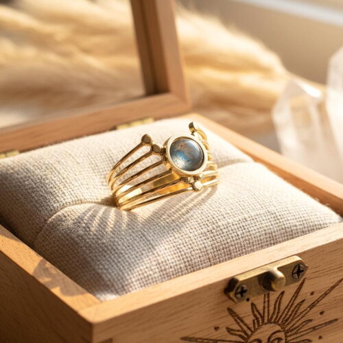 Bague ajustable en acier inoxydable doré avec pierre naturelle labradorite