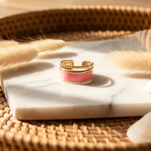 Bague ajustable en acier inoxydable doré et émail rose