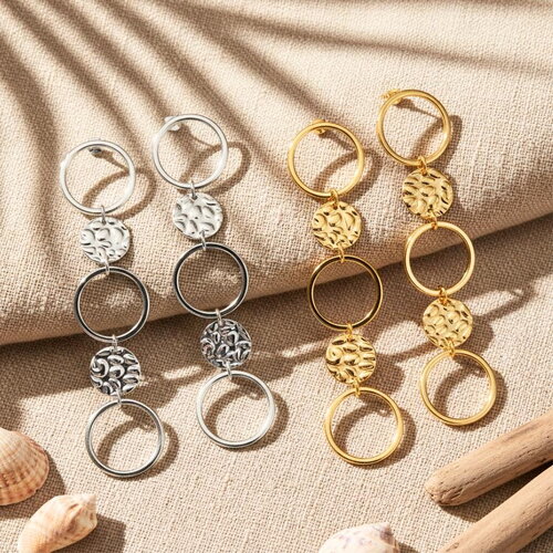 Boucles d’oreilles longues à cercles martelés – acier inoxydable doré ou argenté pour femme