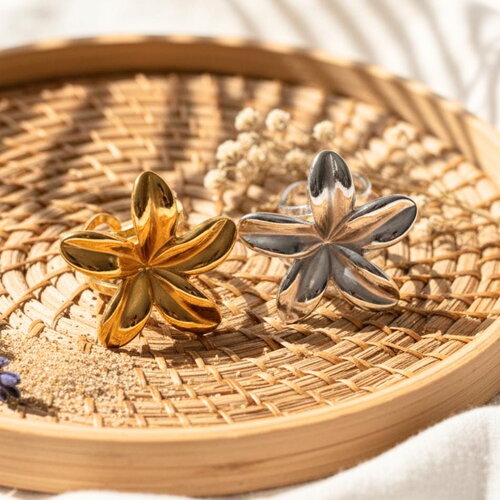 Bague fleur exotique ajustable en acier inoxydable – bijou chic effet sculpté doré ou argenté