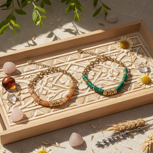 Bracelet perles vertes ou pêche et finitions dorées – bijou fin réglable en acier inoxydable femme