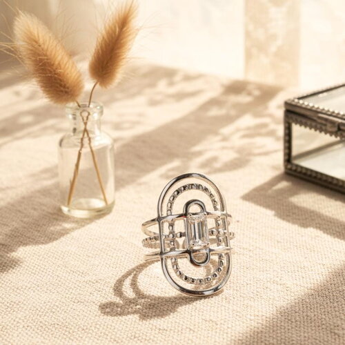 Bague argentée femme style vintage géométrique – acier inoxydable réglable – bijou tendance brillant