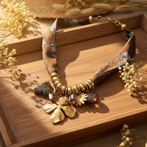 Collier ruban zèbre et breloques dorées – bijou charms fleur pour femme original et élégant