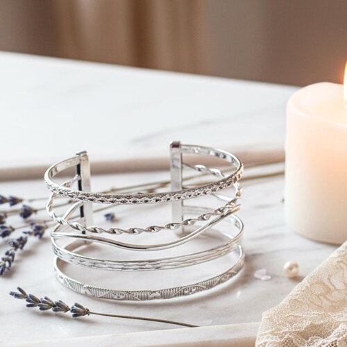 Manchette rigide multi-rangs en acier inoxydable doré ou argenté, bijou texturé chic et tendance, effet superposition