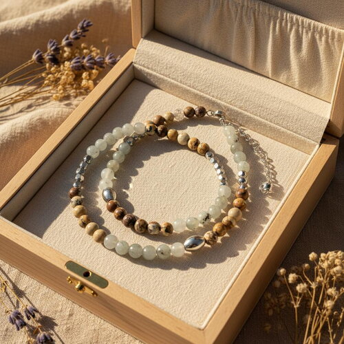 Bracelet jaspe paysage et labradorite grise en acier inoxydable – bijou mixte naturel et élégant