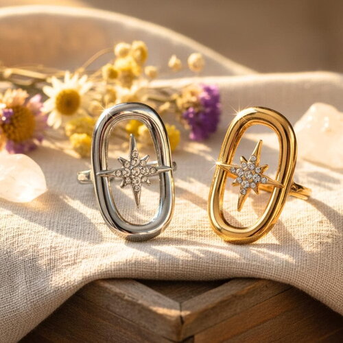Bague ajustable étoile du nord en acier inoxydable doré ou argenté - design avec strass