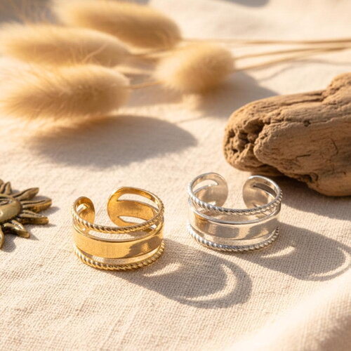 Bague ajustable en acier inoxydable doré ou argenté, design double anneau torsadé chic et intemporel