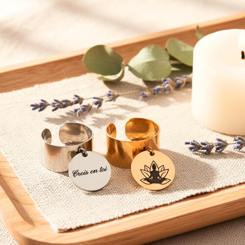 Bague mantra acier inoxydable – lotus &amp; “crois en toi” gravés – bijou spirituel recto verso – ajustable, doré ou argenté