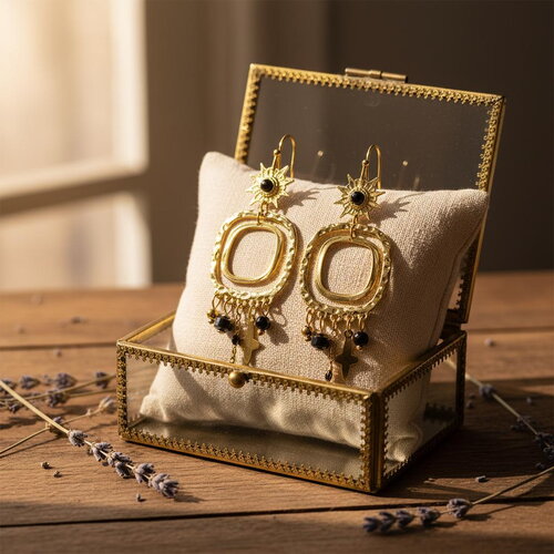 Boucles d’oreilles pendantes dorées soleil noir et charms étoiles, bijoux bohème chic en acier inoxydable