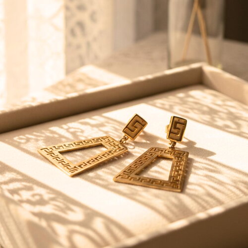 Boucles d’oreilles pendantes dorées géométriques acier inoxydable style grec chic