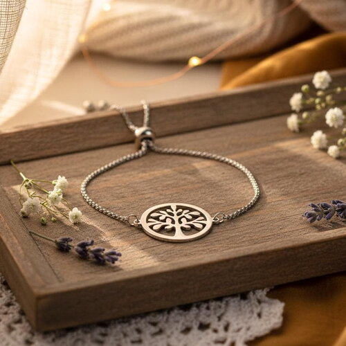 Bracelet arbre de vie en acier inoxydable argenté symbole famille et enracinement