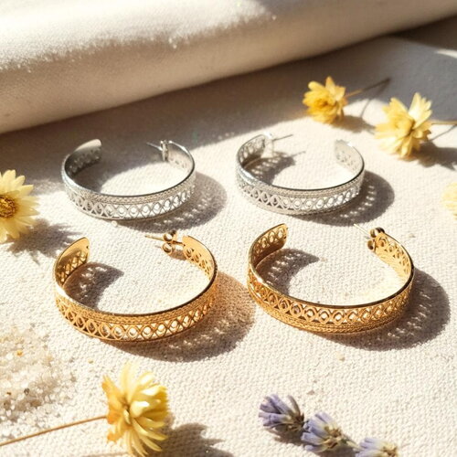 Créoles larges ajourées en acier inoxydable doré ou argenté – boucles d’oreilles bohèmes chic