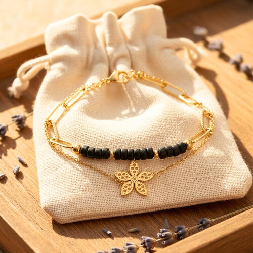 Bracelet duo noir et doré femme – acier inoxydable perles et fleur élégante – bijou raffiné chic