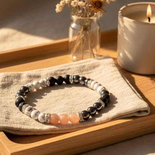 Bracelet en pierres naturelles : lave, howlite, hématite et pierre de soleil – équilibre, énergie et ancrage