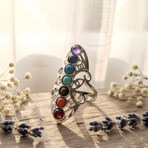 Bague 7 chakras en alliage argenté avec pierres colorées – bijou énergétique bohème ésotérique