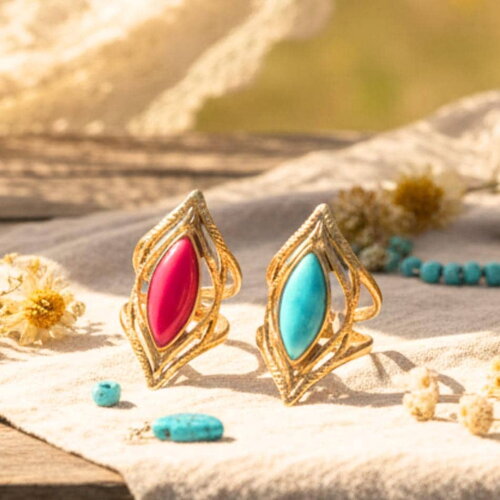 Bague dorée œil ajouré avec pierre turquoise ou fuchsia – bijou bohème en acier inoxydable réglable