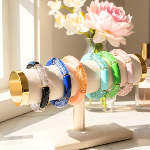 Bracelet élastique grosses perles résine colorée effet craquelé – bijou fantaisie tendance femme