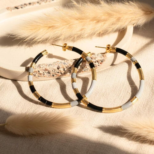 Boucles d’oreilles créoles en acier inoxydable doré, noir et gris