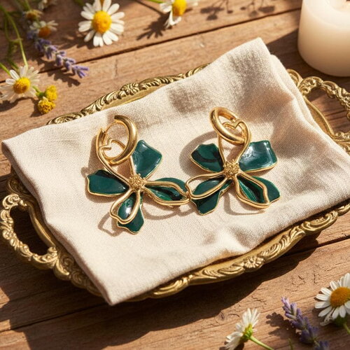 Boucles d’oreilles fleurs dorées et émail vert foncé – bijou fantaisie femme à anneau cœur original