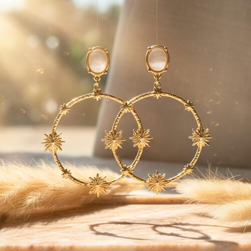 Boucles d’oreilles dorées pendantes soleil en acier inoxydable – pierre nacrée style bohème chic