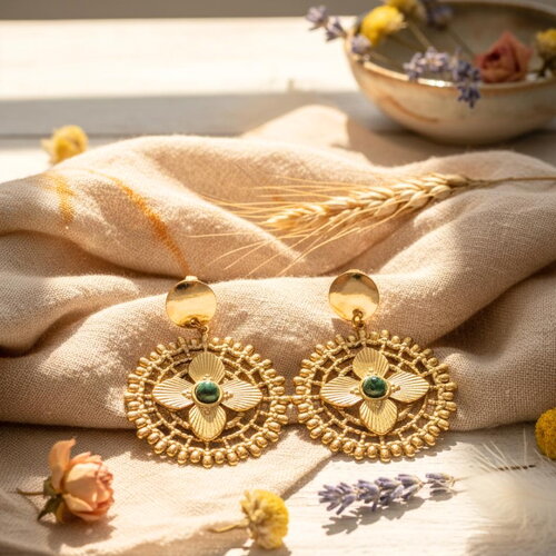 Boucles d’oreilles dorées fleur ajourée chic avec perle centrale verte – bijou fantaisie élégant
