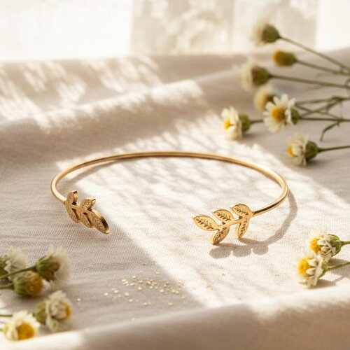 Bracelet jonc doré feuilles d’olivier – acier inoxydable femme, style bohème chic ajustable
