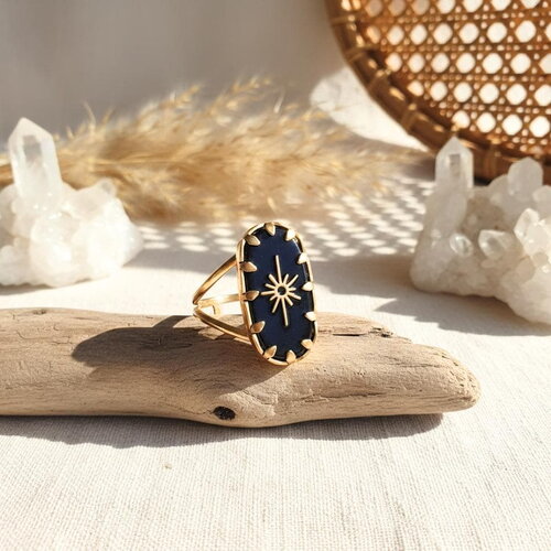 Bague noire et dorée motif étoile – acier inoxydable réglable femme – bijou tendance résistant à l’eau