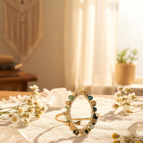 Bague dorée ovale avec perles naturelles – ajustable, acier inoxydable, style bohème chic