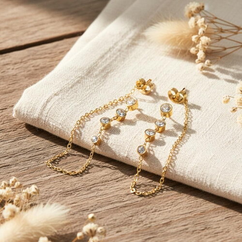 Boucles d’oreilles dorées pendantes à strass – acier inoxydable – bijou femme élégant et résistant à l’eau