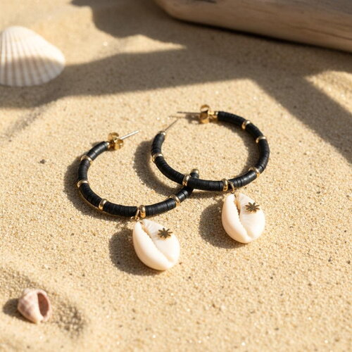 Boucles d'oreilles créoles coquillage cauri – bijoux plage femme noir et doré – acier inoxydable résistant à l’eau