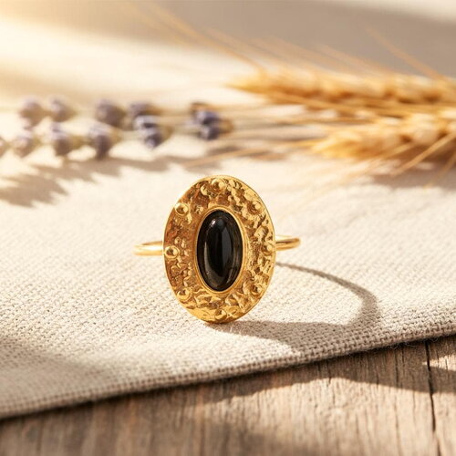 Bague dorée femme ajustable – pierre noire ovale – acier inoxydable martelé style antique
