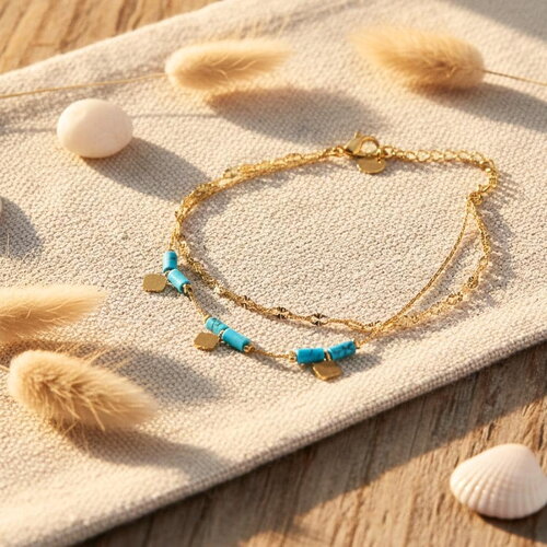 Bracelet doré double rangs turquoise – acier inoxydable et perles fines style bohème chic